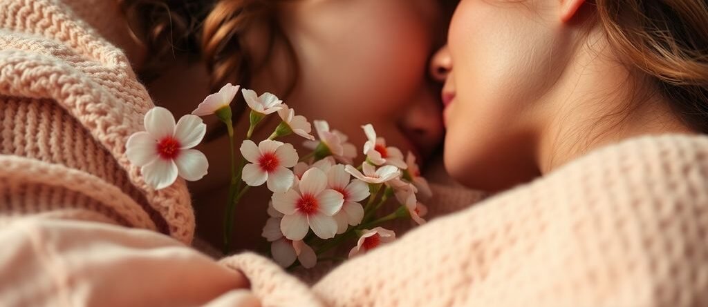 Fleurs délicates et tissus texturés évoquant la sensualité.