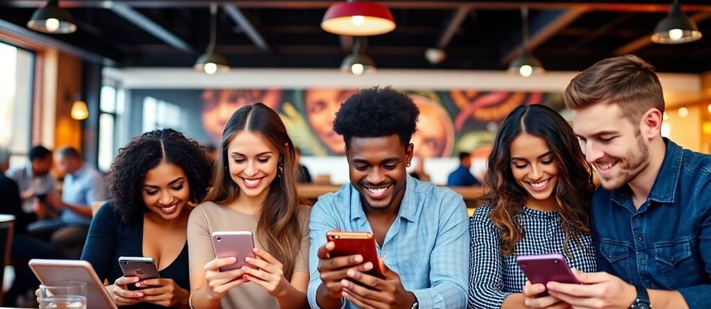 Rencontre en ligne moderne avec des personnes diversifiées.