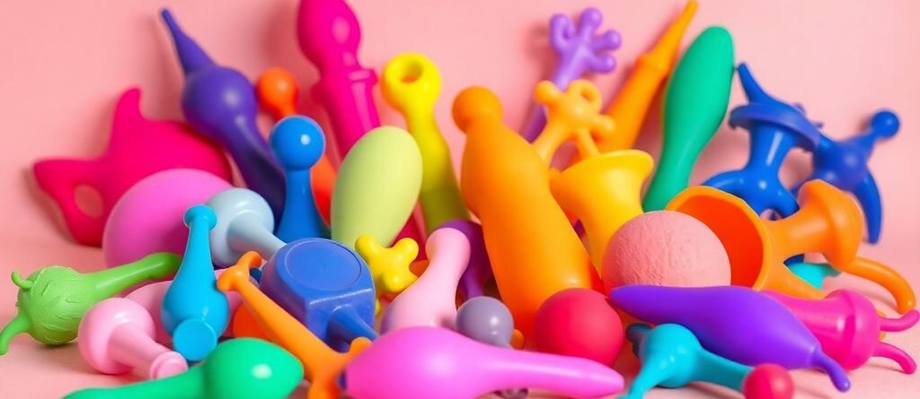 Collection de jouets sexuels colorés sur fond doux.